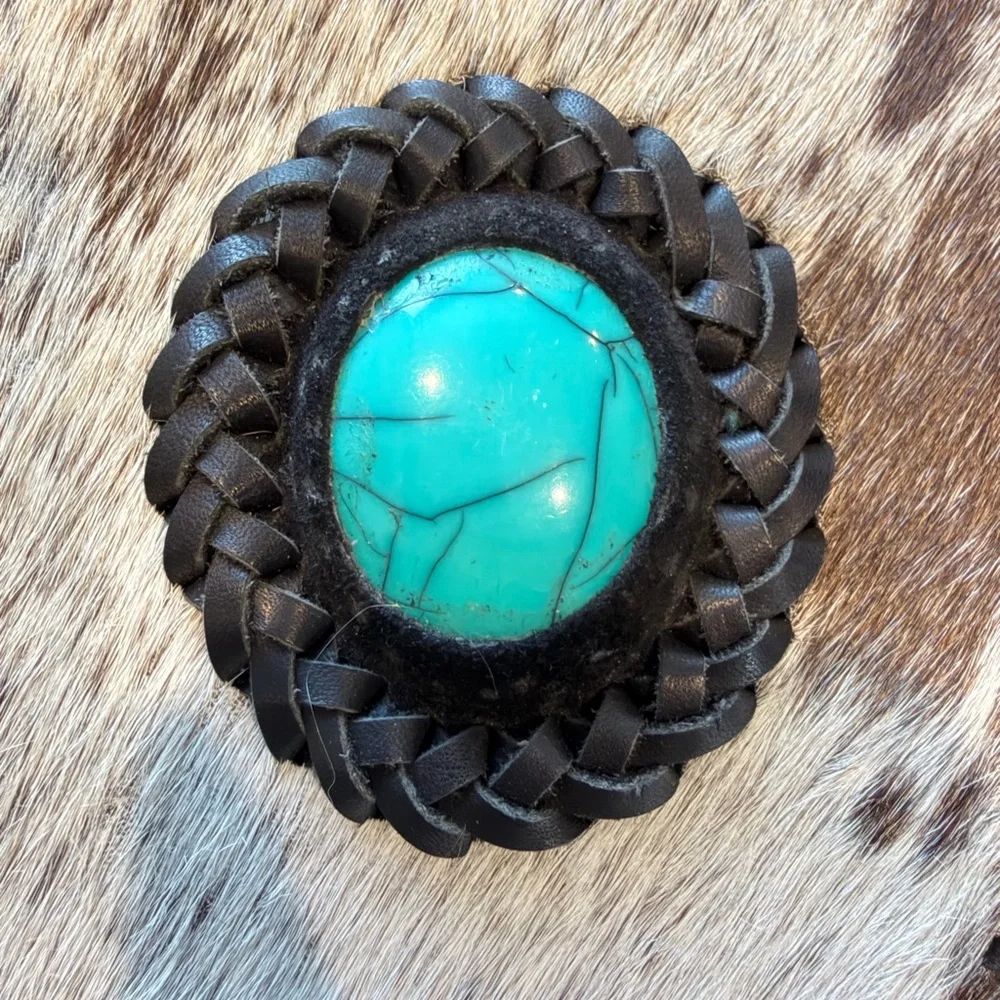 Turquoise Accent Cowhide Tooled Fringe Crossbody Bag - Picture 9 of 9